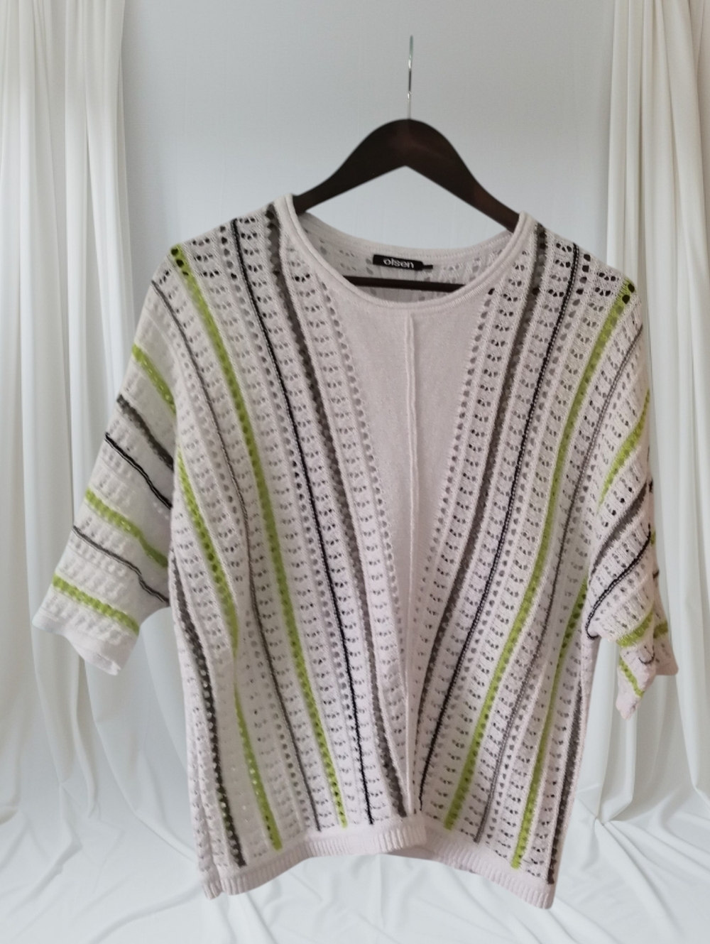 Open-Weave White Blouse with Lime and Black Stripe Accents